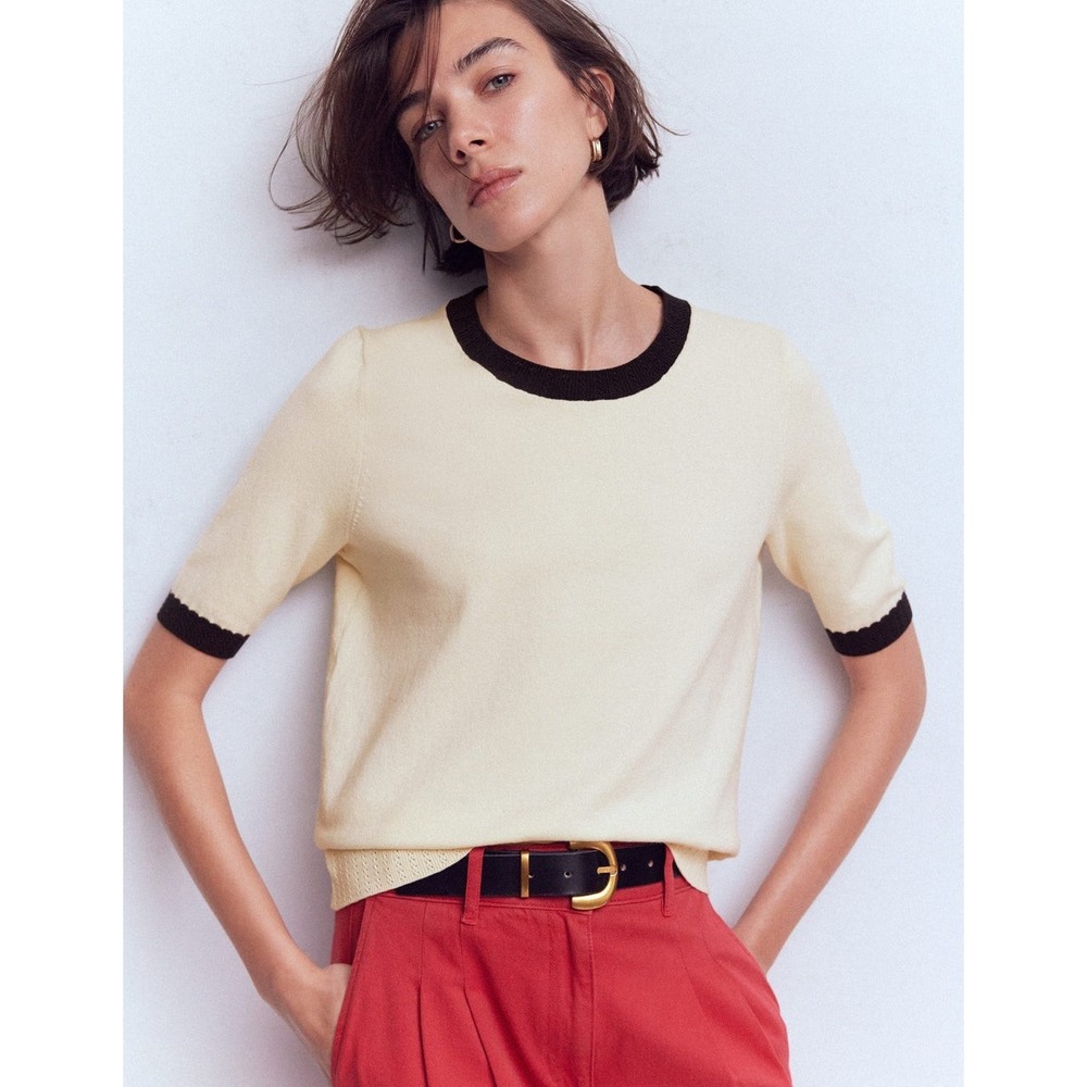 Boden Women's Emilia Short Sleeve Cotton Knit Sweater Tee Cream Size Medium BNWT